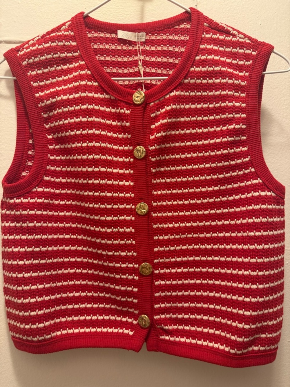 Zara Red & White Striped Knit Button Vest